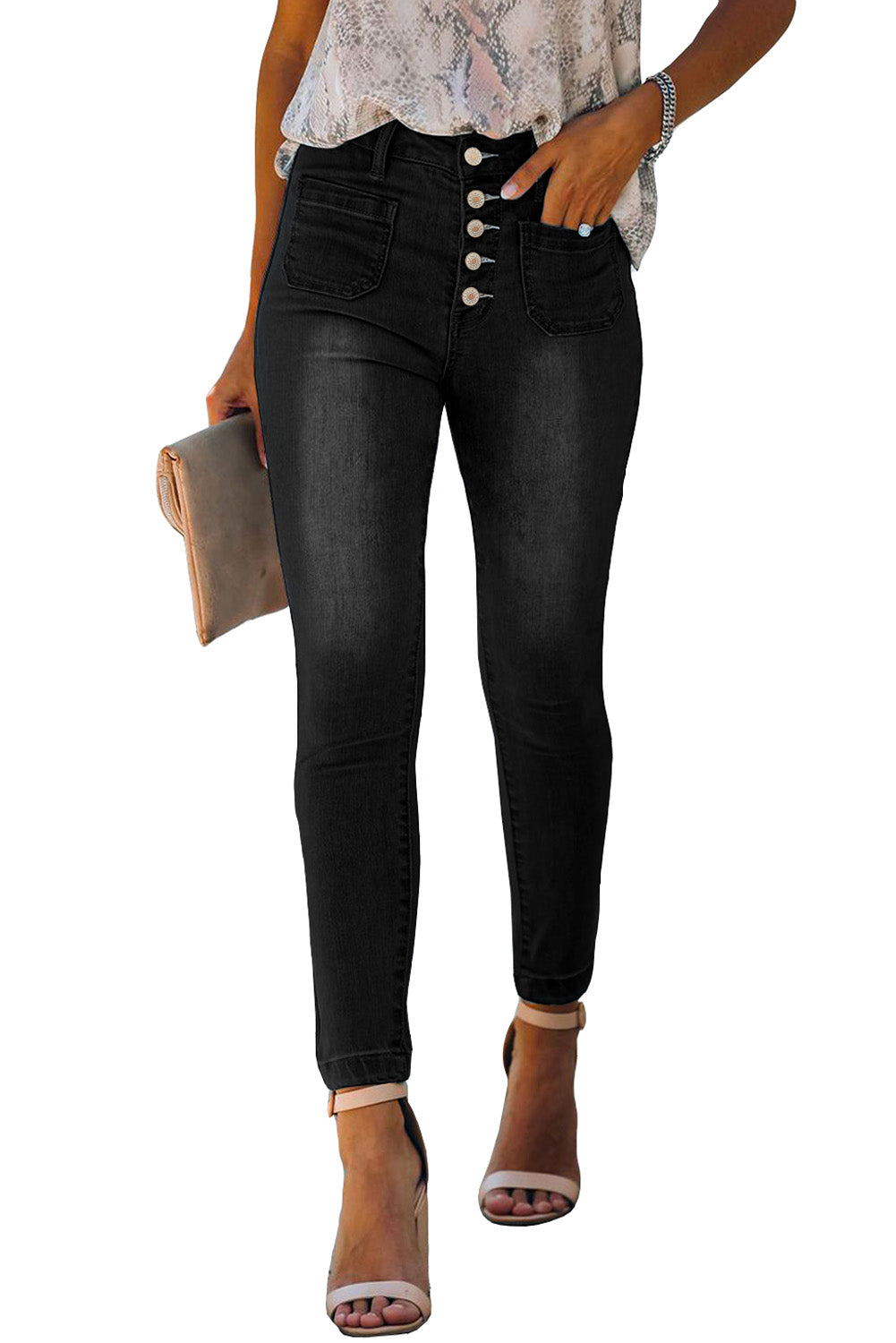 Dark Blue Button Fly Skinny Jeans with Pockets - LA Grand