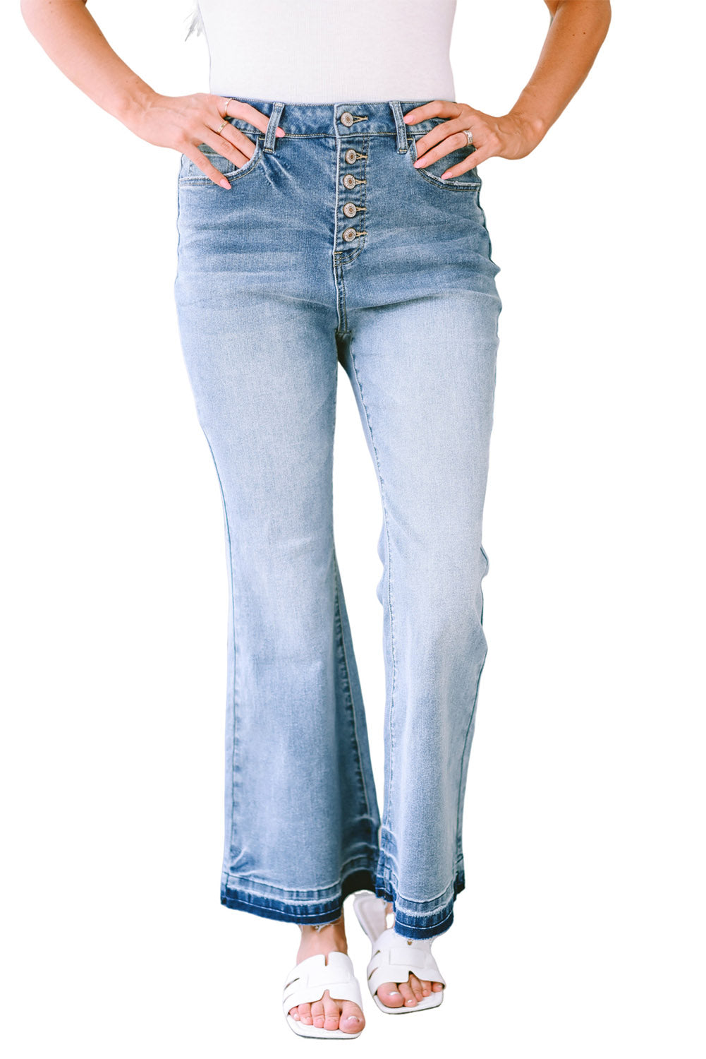 Sky Blue High Waist Buttoned Distressed Flared Jeans - LA Grand