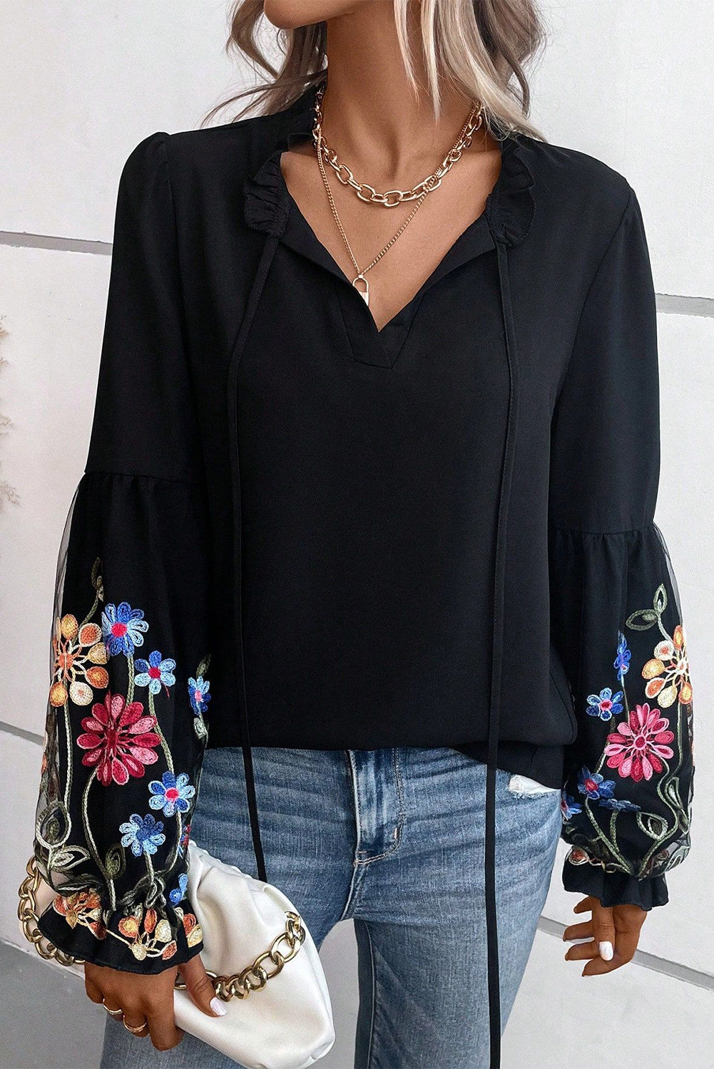 Black Floral Patched Flounce Sleeve Split Neck Blouse - LA Grand