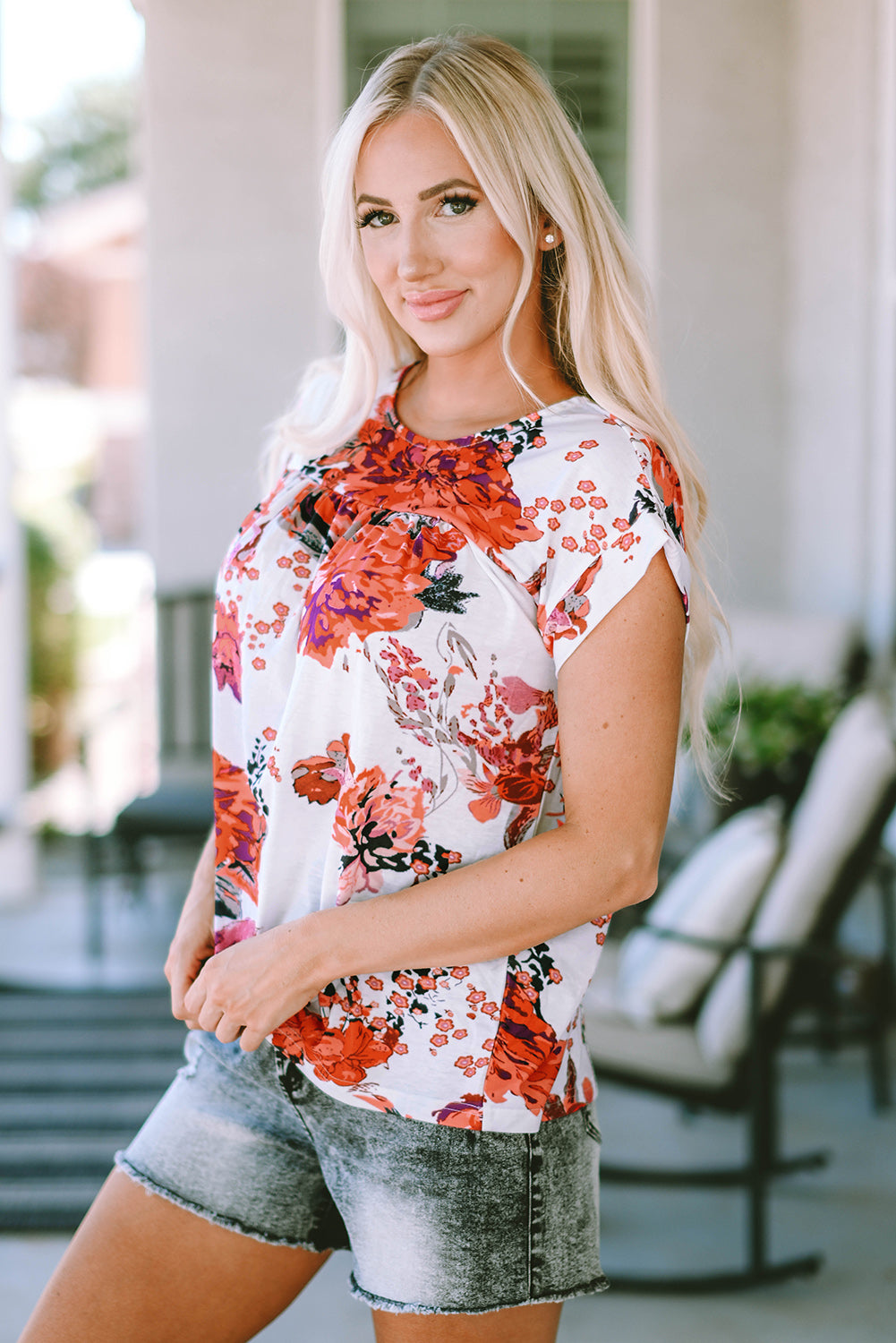 Fiery Red Floral Short Sleeve Round Neck Blouse - LA Grand