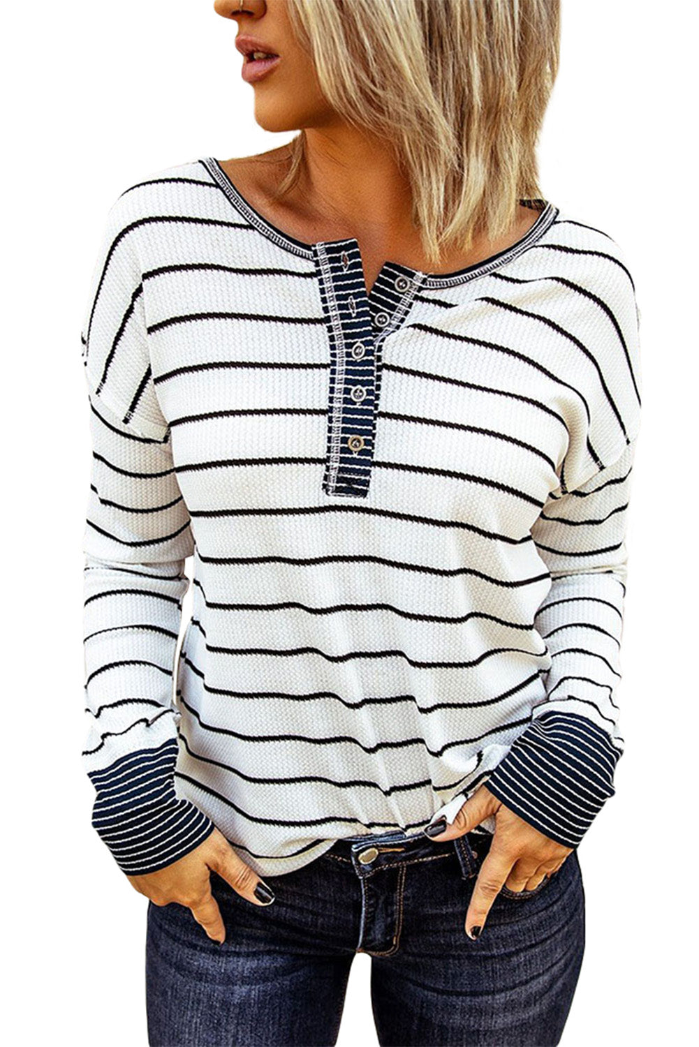 Striped Color Block Buttoned Waffle Knit Shirt - LA Grand