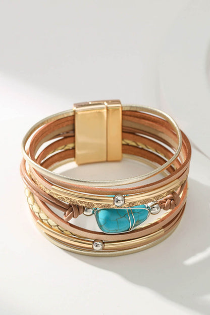 Khaki Multi-layer Leather Turquoise Beaded Bracelet - LA Grand