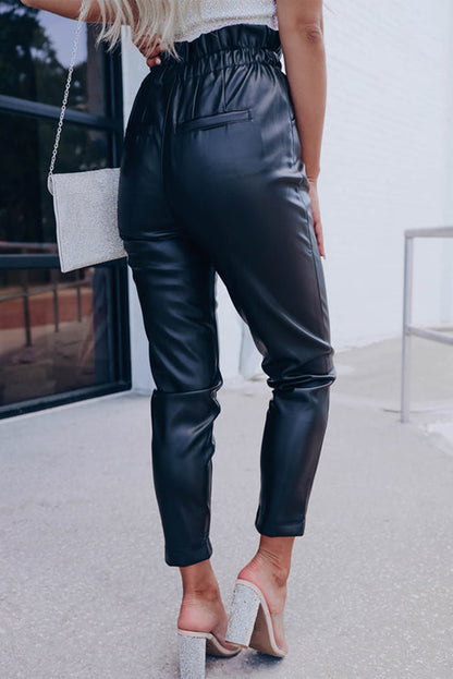 Black Smocked High Waist Faux Leather Skinny Pants - LA Grand