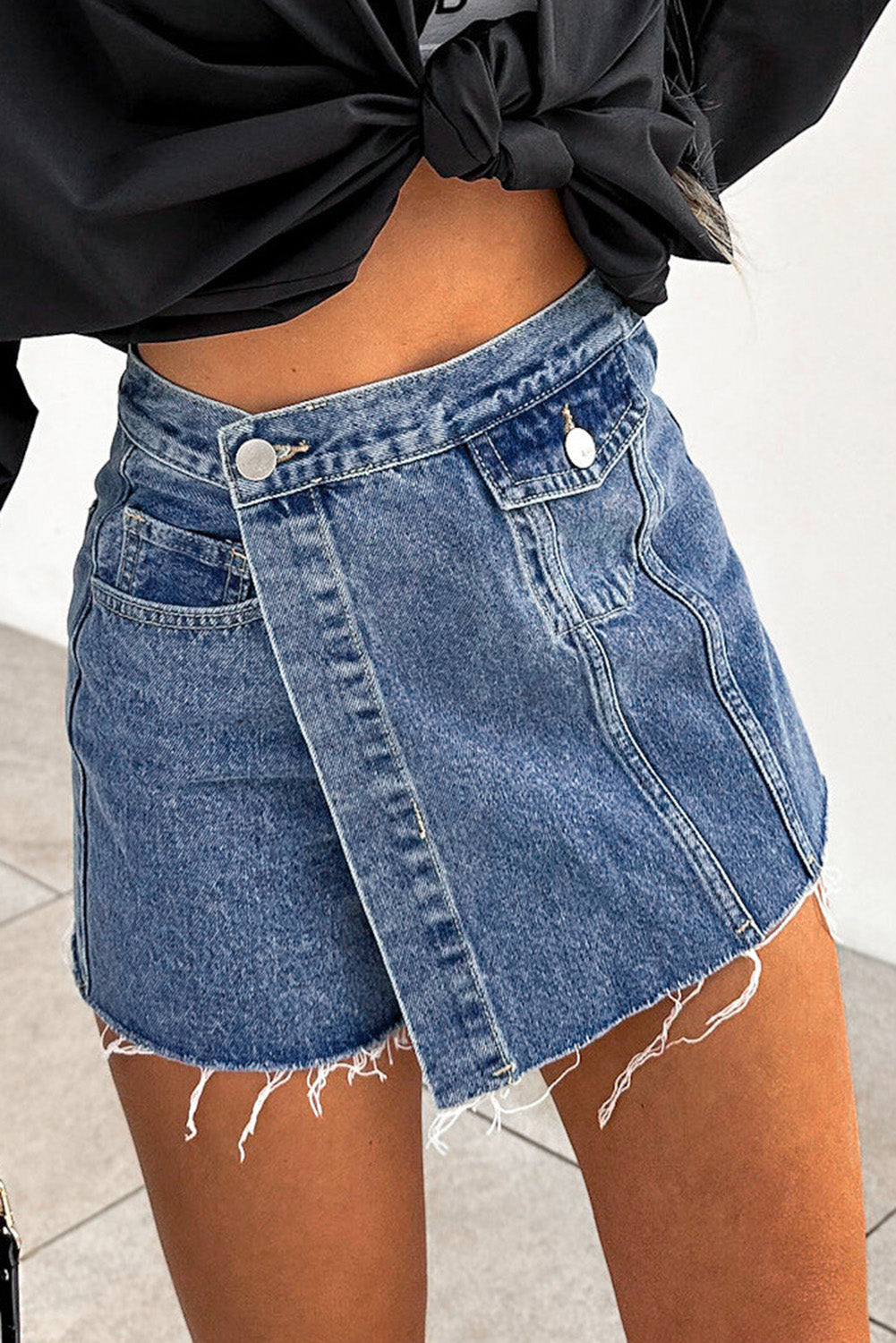 Sky Blue Button Wrap Over Raw Hem Denim Shorts - LA Grand