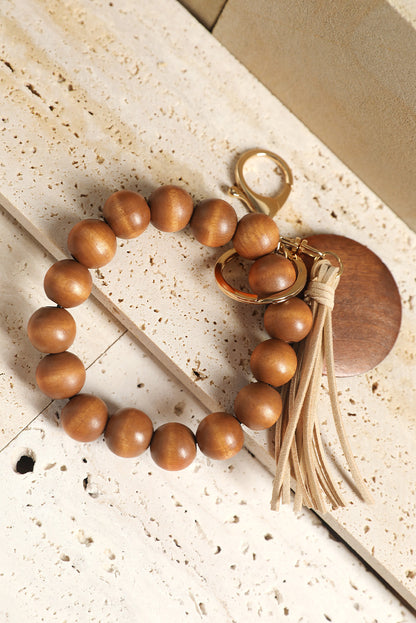 Brown Wood Beads Bracelet Tassel Keyring - LA Grand