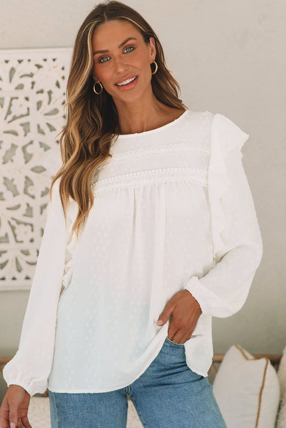 Sky Blue Lace Eyelet Ruffle Shoulder Long Sleeve Blouse - LA Grand