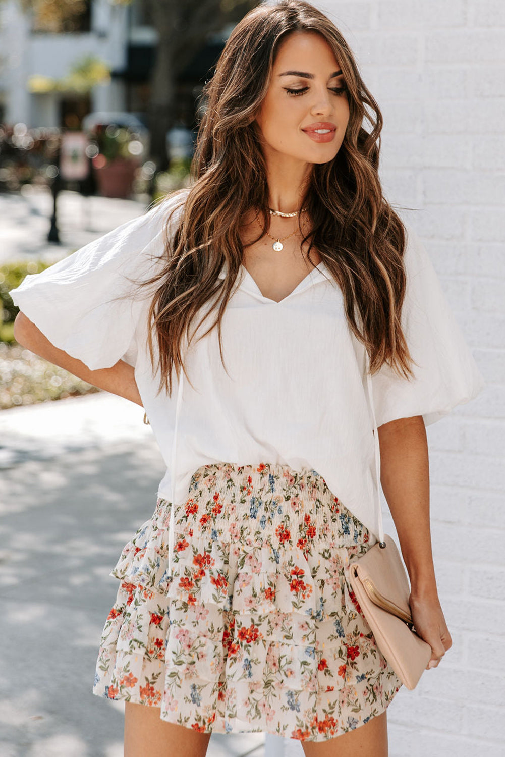 Beige Smocked High Waist Ruffle Tiered Floral Skirt - LA Grand