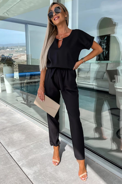 Black Metallic Neck Decor Belted High Waist Jumpsuit - LA Grand