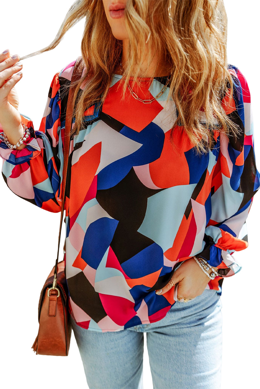 Abstract Pattern Crewneck Ruffled Puff Sleeve Blouse - LA Grand