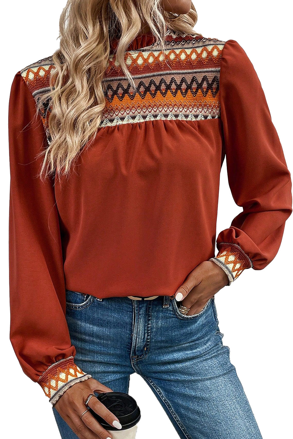 Red Clay Western Geometric Print Bubble Sleeve Frilled Neck Blouse - LA Grand