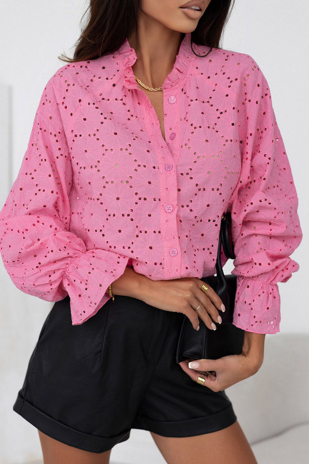 Pink Hollow Out Embroidered Floral Shirt - LA Grand