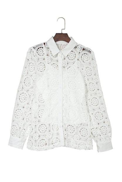 White Crochet Lace Hollow-out Turn-down Collar Shirt - LA Grand