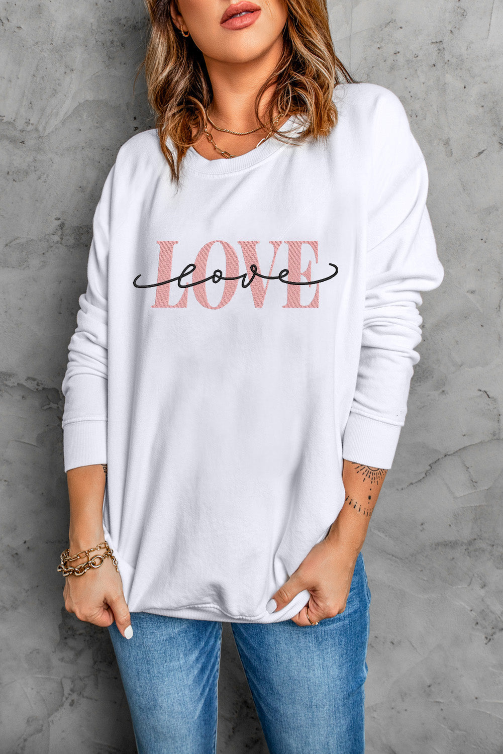 White LOVE Embroidered Crew Neck Drop Shoulder Sweatshirt - LA Grand