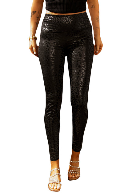 Black Shiny Leopard Textured Leggings - LA Grand