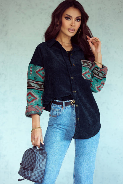 Aztec Pattern Sleeve Pocketed Corduroy Shacket - LA Grand