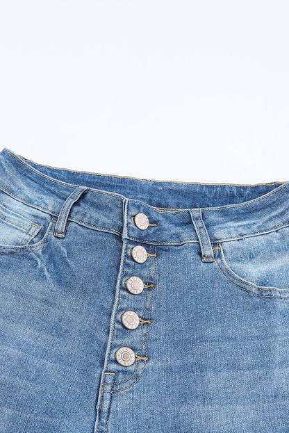 Sky Blue High Waist Buttoned Distressed Flared Jeans - LA Grand