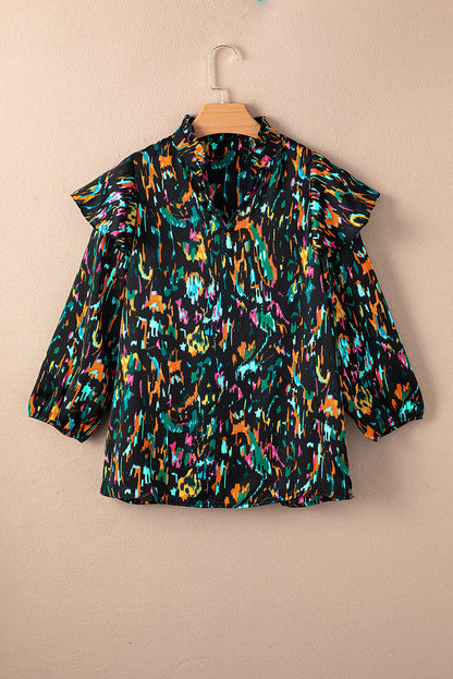 Multicolour Abstract Print 3/4 Puff Sleeve Ruffle Blouse - LA Grand