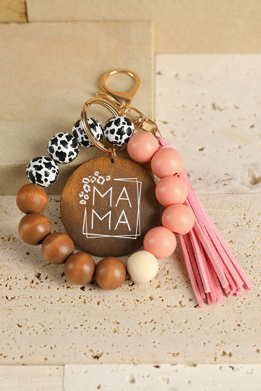 Pink MAMA Wood Pendant Leopard Fringe Keychain - LA Grand