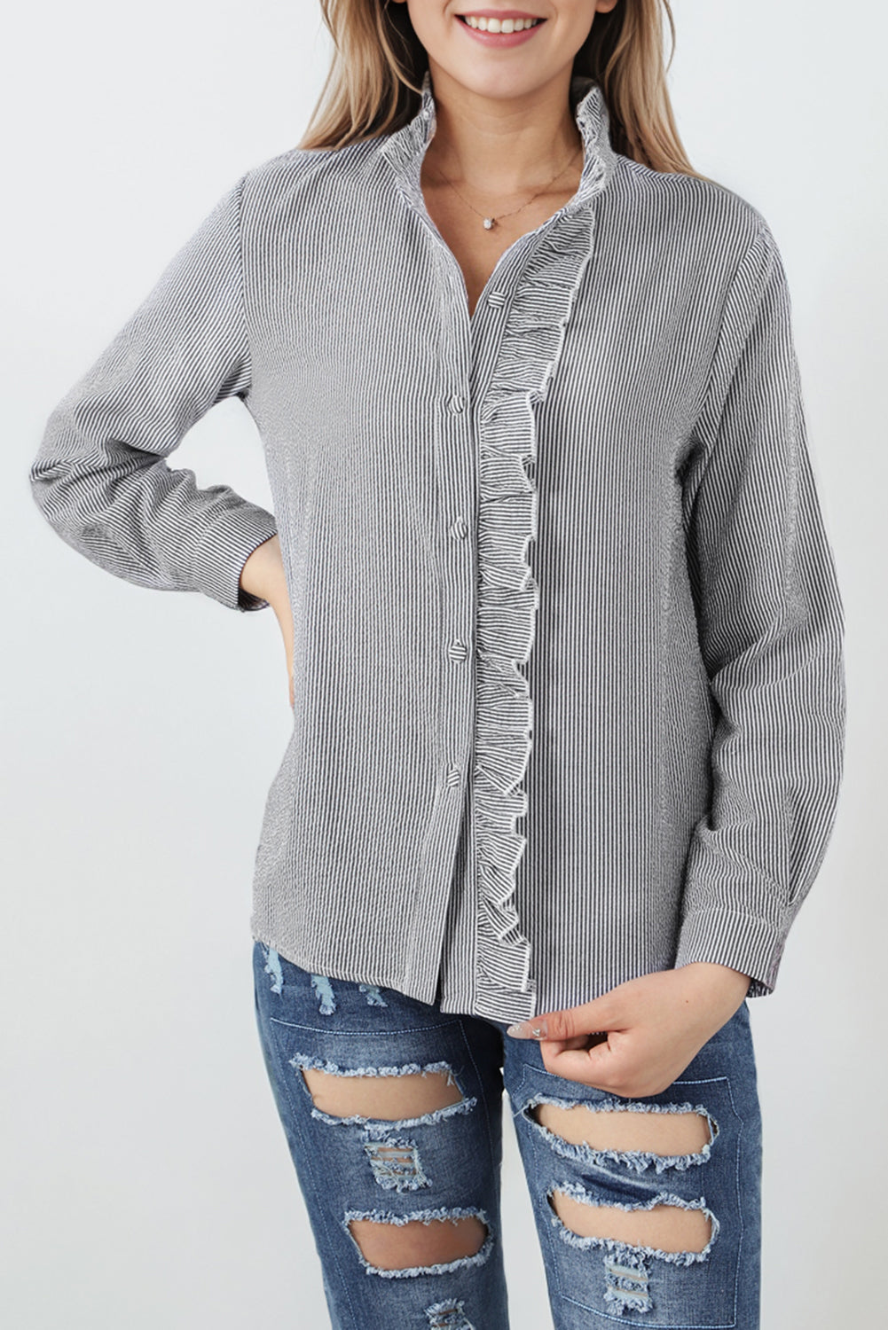 Gray Ruffled Trim Striped Print Textured Shirt - LA Grand