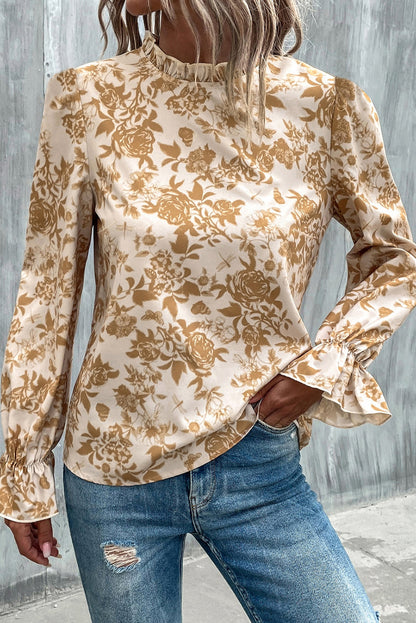 White Floral Print Frilled Neckline Flounce Sleeve Blouse - LA Grand