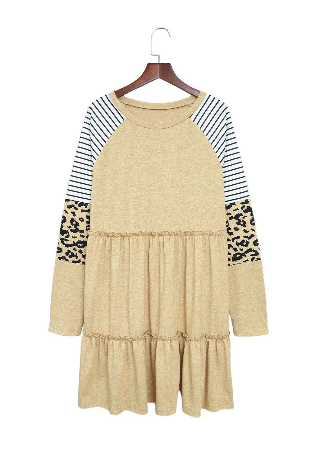 Wild Elegance: Khaki Striped Leopard Patchwork Mini Dress with Long Sleeves - LA Grand