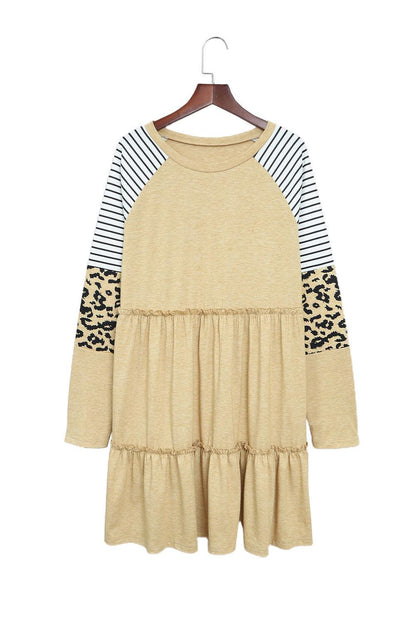 Wild Elegance: Khaki Striped Leopard Patchwork Mini Dress with Long Sleeves - LA Grand