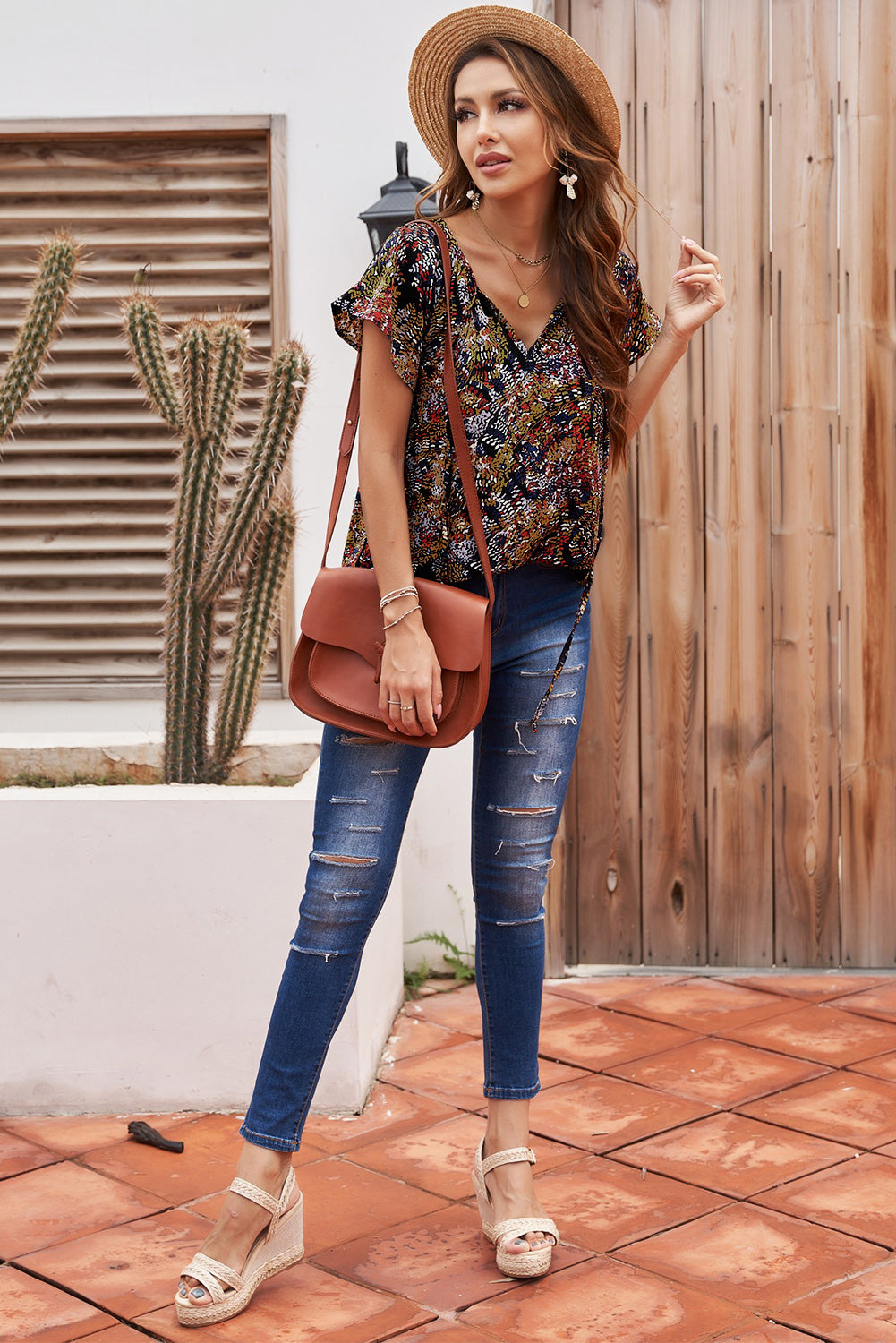 Multicolor V-neck Short Sleeve Fashion Print Fantasy Fluttering Blouse - LA Grand