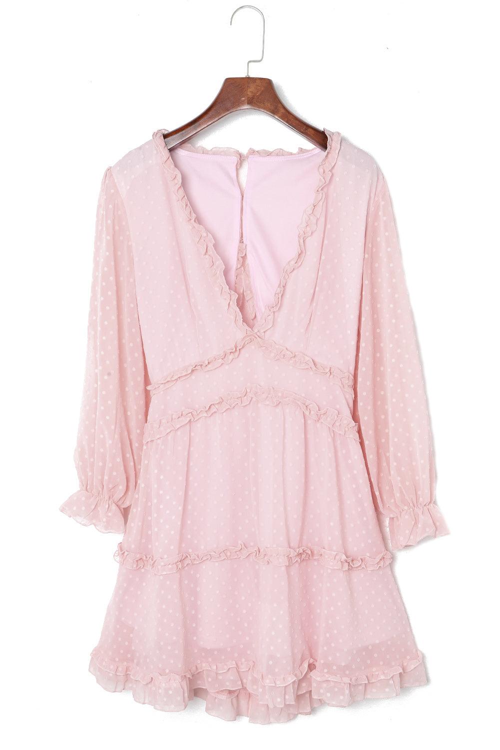 Pink Layered Ruffled Open Back Puff Sleeve Swiss Dot Mini Dress - LA Grand