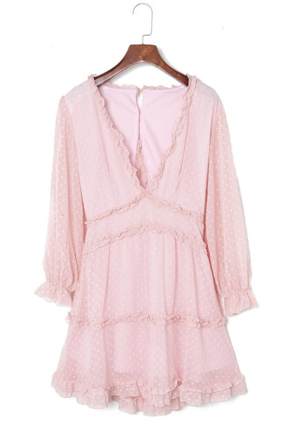 Pink Layered Ruffled Open Back Puff Sleeve Swiss Dot Mini Dress - LA Grand