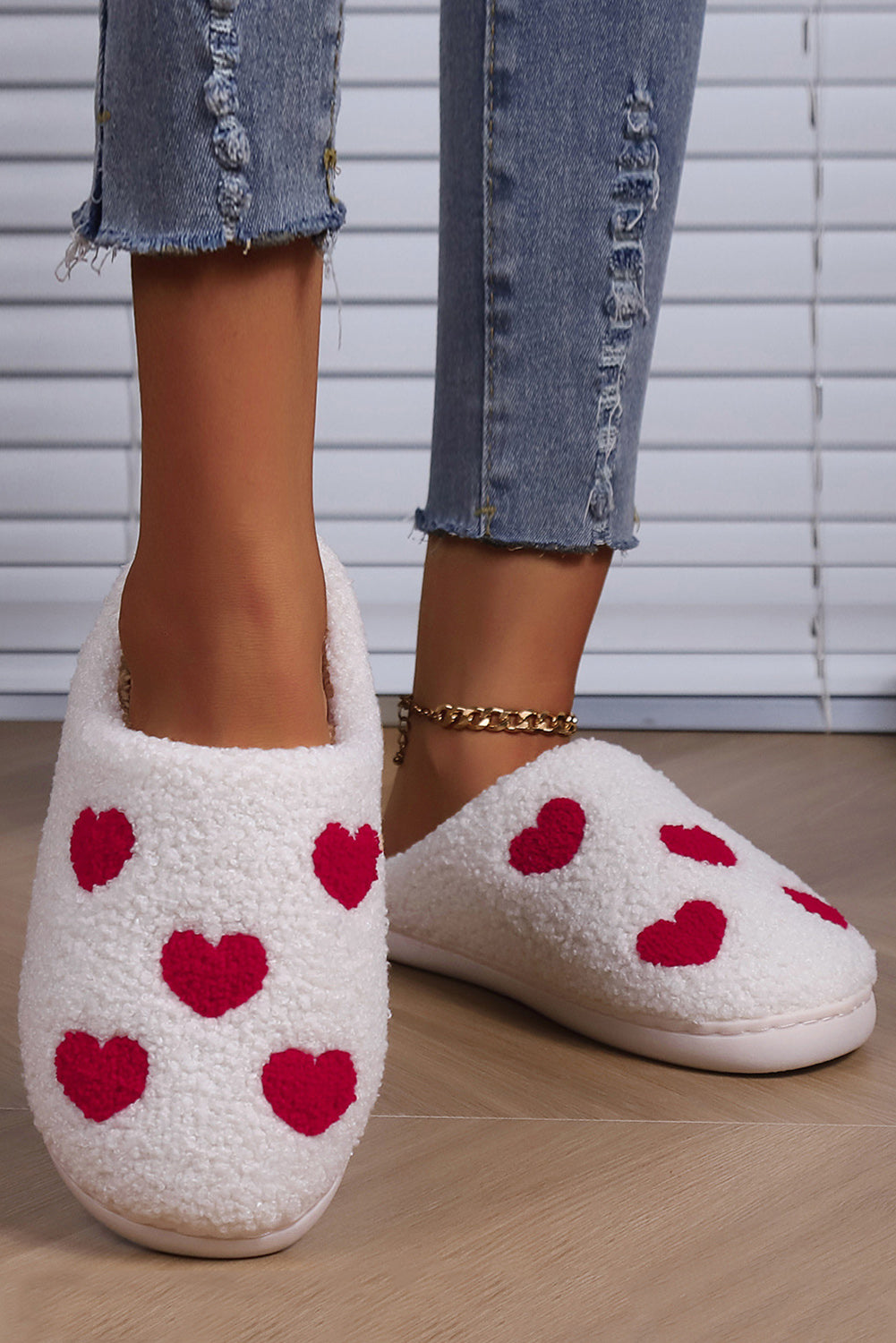 White Valentines Day Hearts Print Plush House Slippers - LA Grand