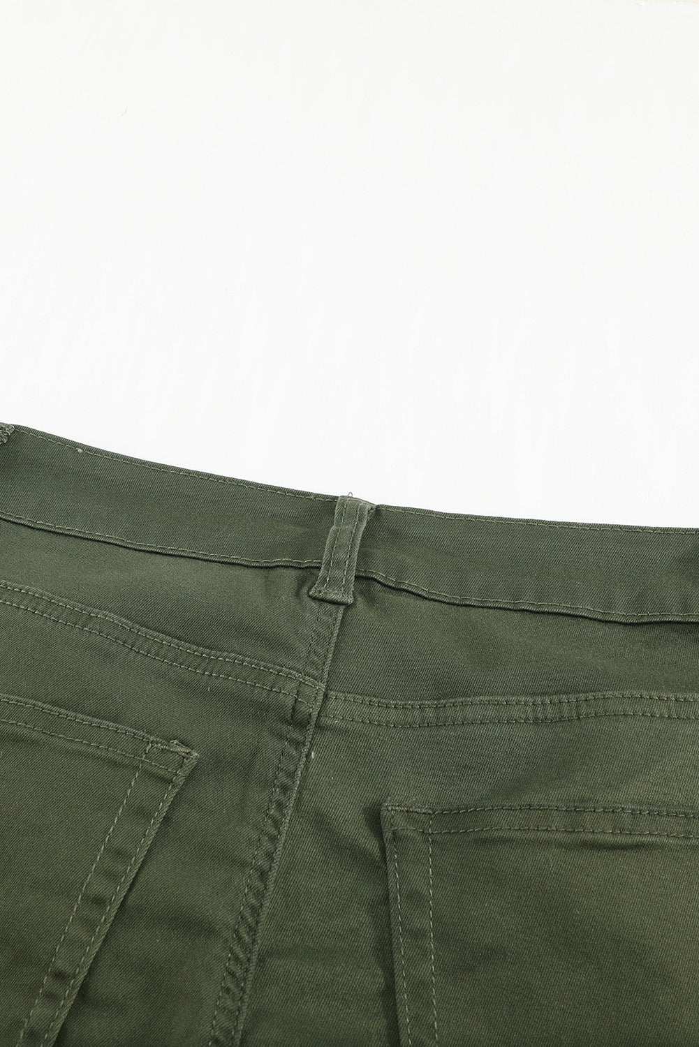 Green Plain High Waist Buttons Frayed Cropped Denim Jeans - LA Grand