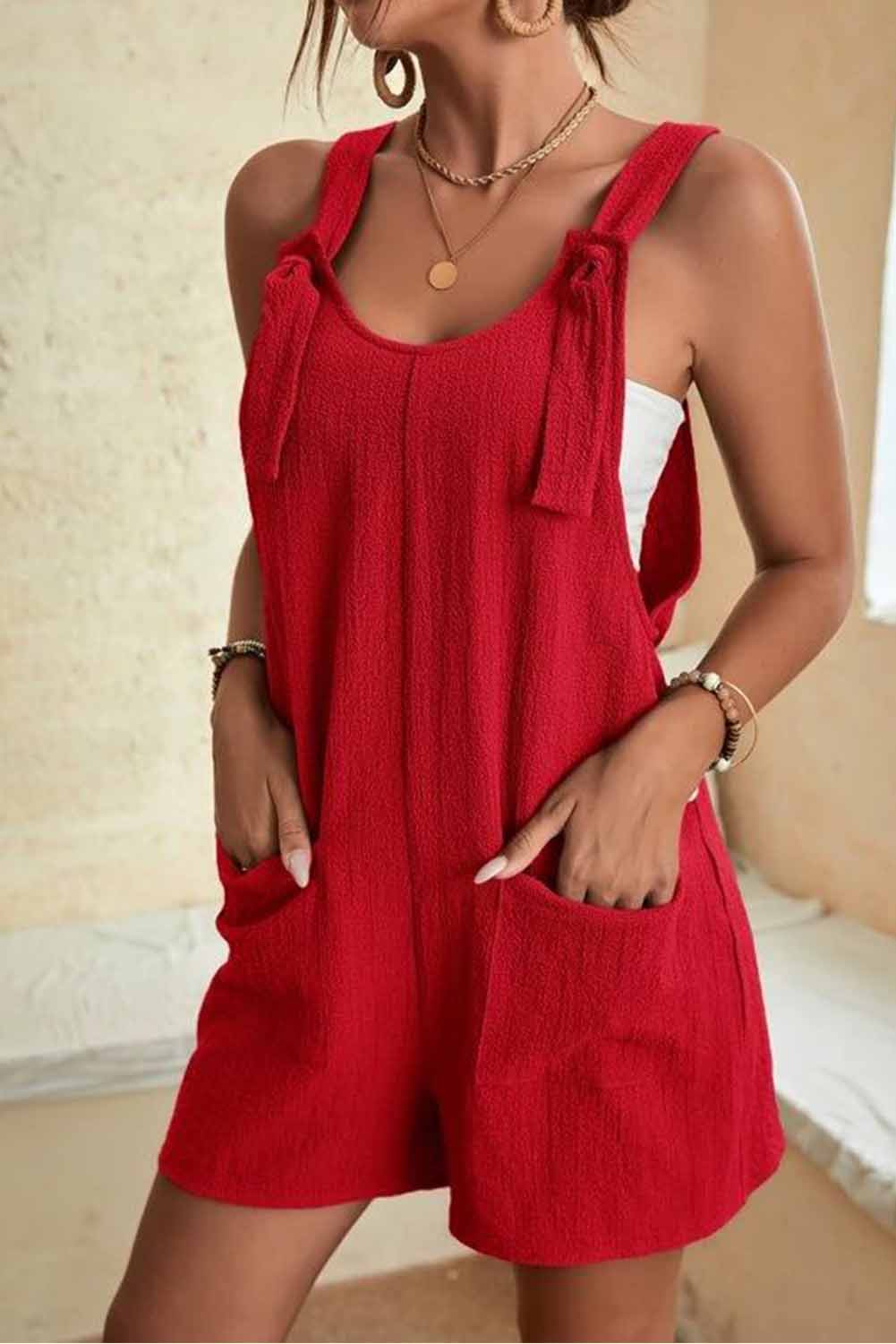 Fiery Red Adjustable Straps Pocketed Textured Romper - LA Grand