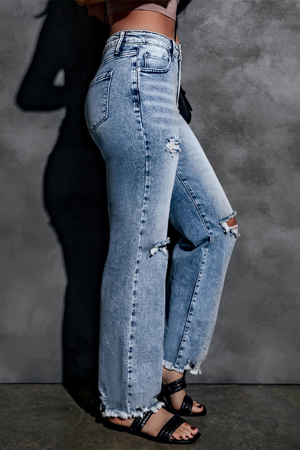 Sky Blue Washed Ripped Wide Leg High Waist Jeans - LA Grand