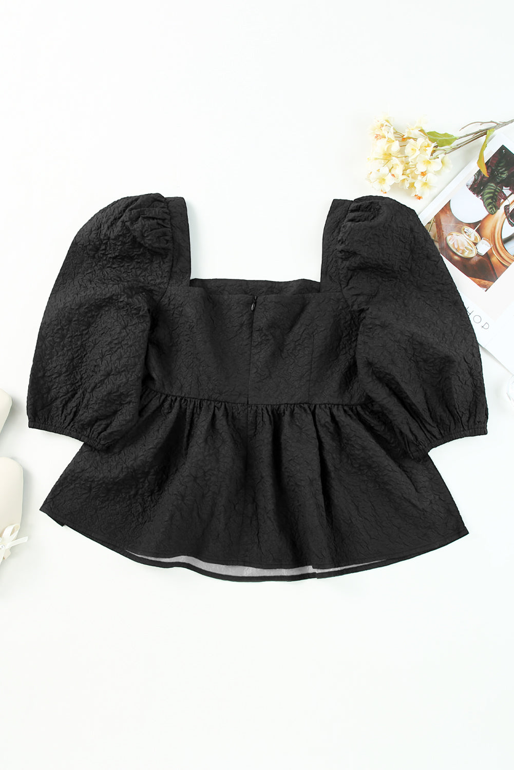 Black Textured Square Neck Puff Sleeve Peplum Blouse - LA Grand