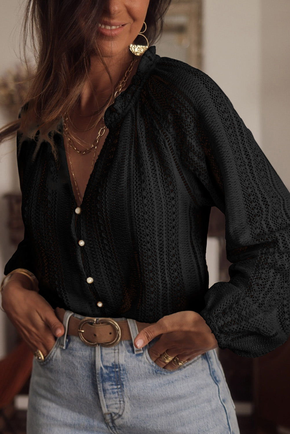 White V-Neck Long Sleeve Button Up Lace Shirt - LA Grand