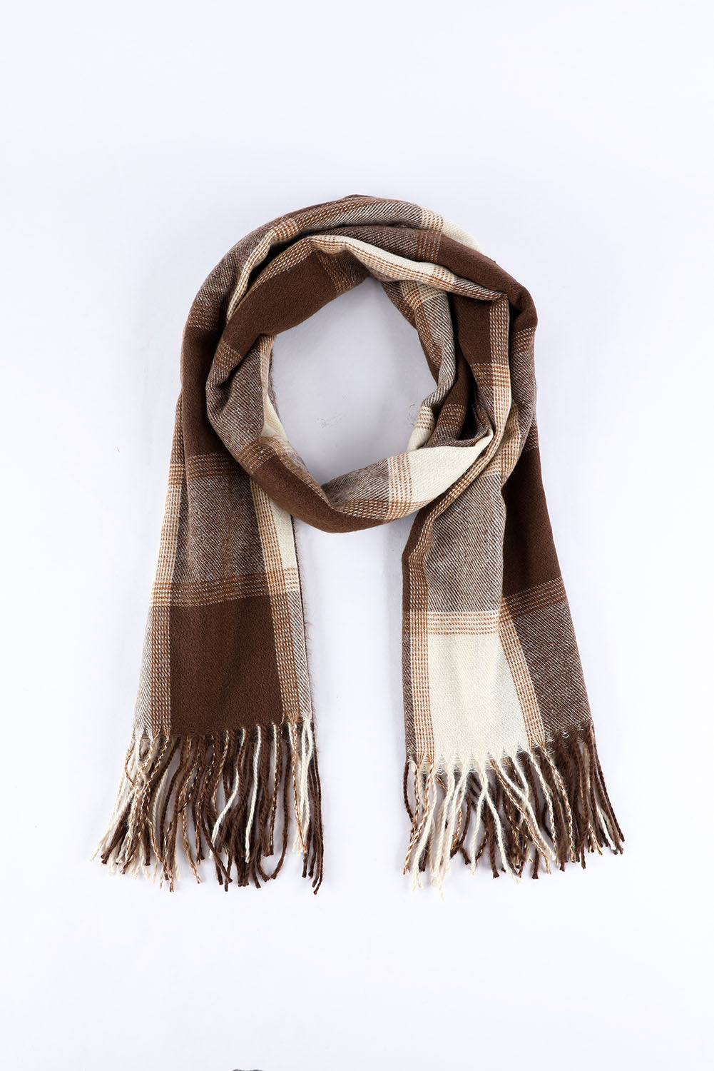 Brown Tasseled Hem Plaid Scarf - LA Grand