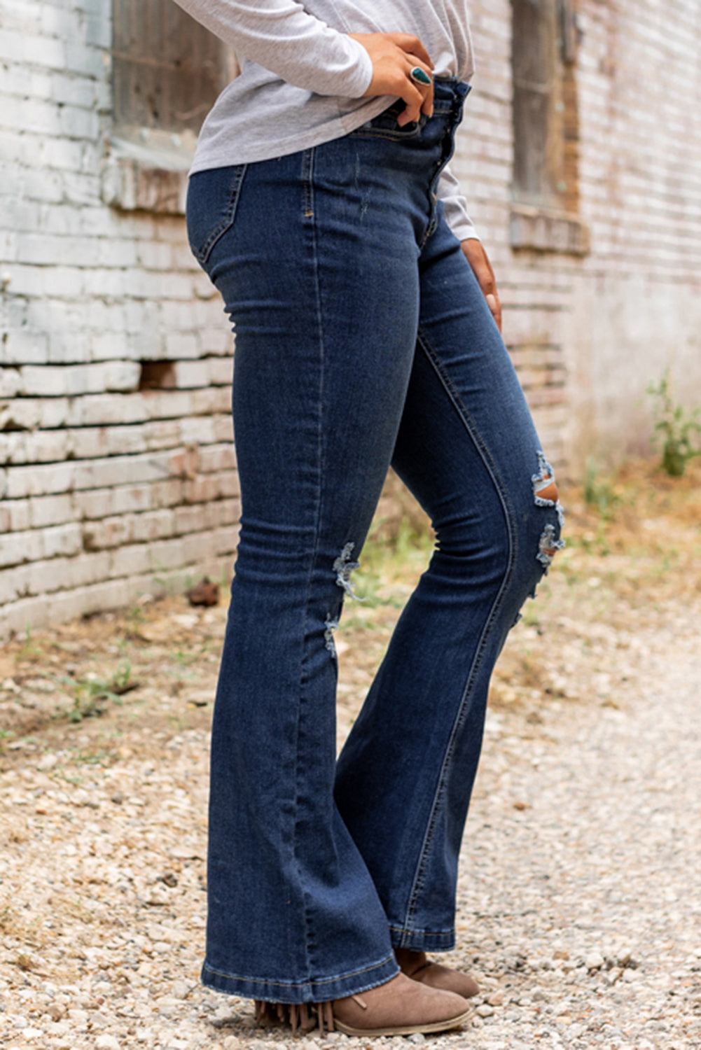 Dark Washed Distressed Flare Bottom Jeans - LA Grand