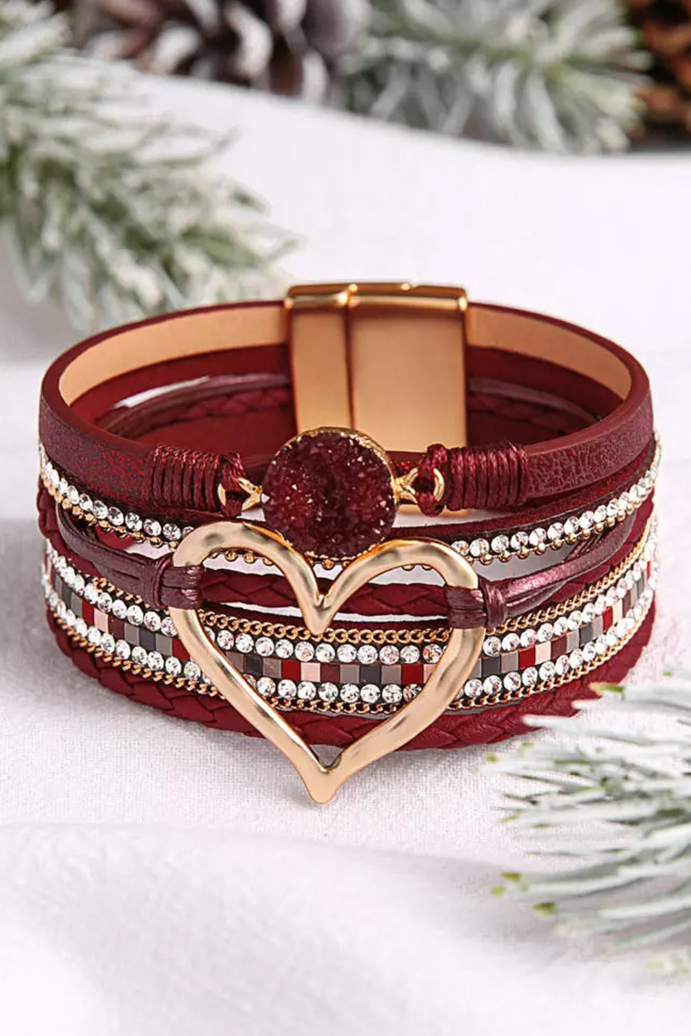 Fiery Red Valentine Rhinestone Heart Layered Bracelet - LA Grand