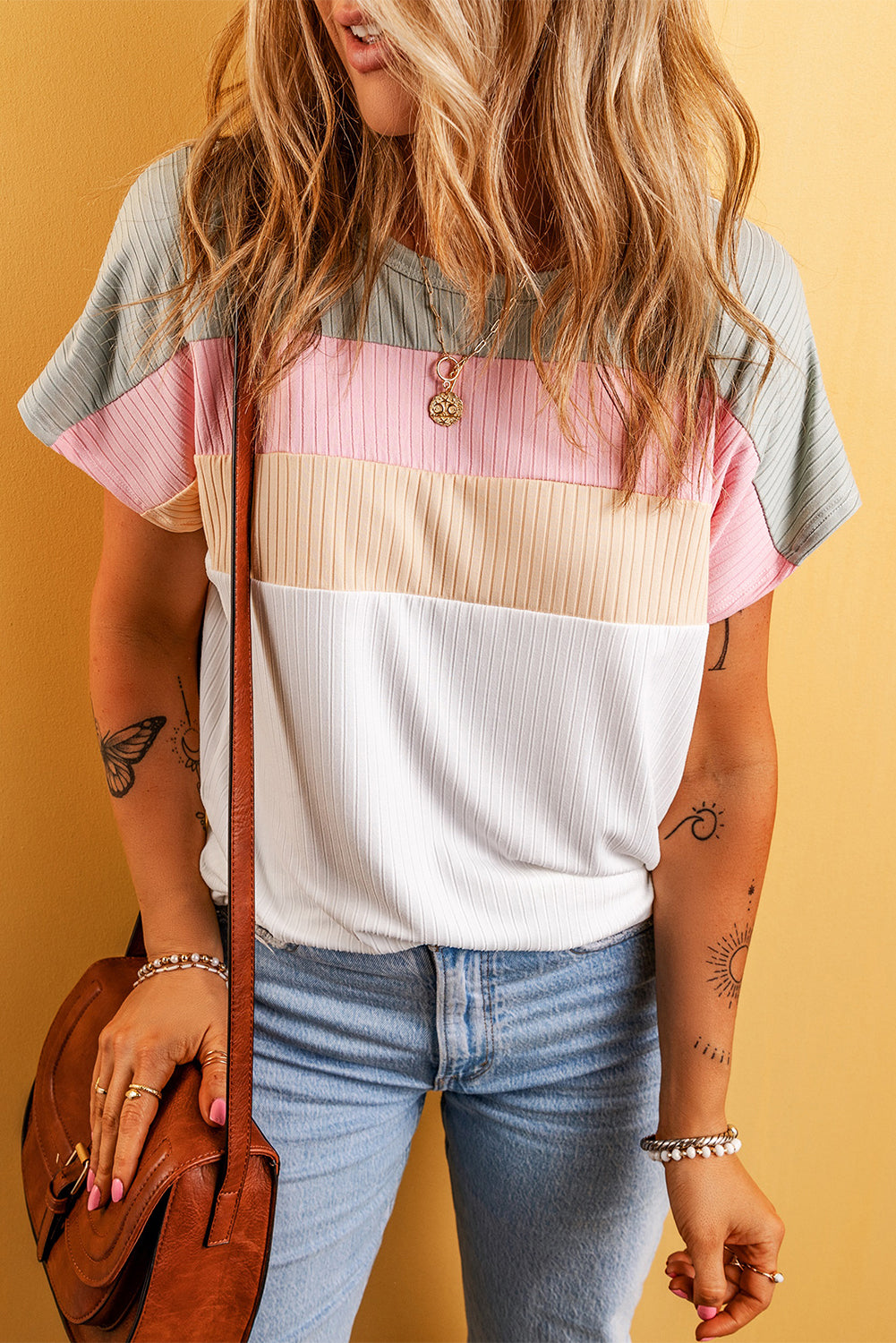 White Ribbed Color Block Patchwork T-shirt - LA Grand