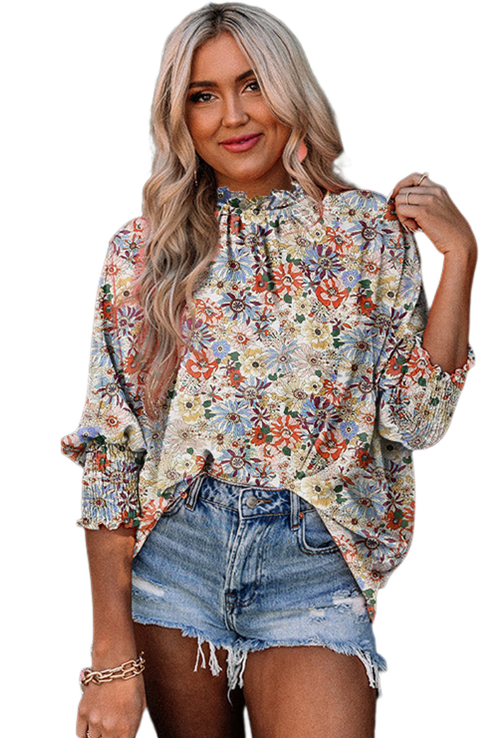 Multicolor Shirred Cuffs Bubble Sleeve Floral Blouse - LA Grand