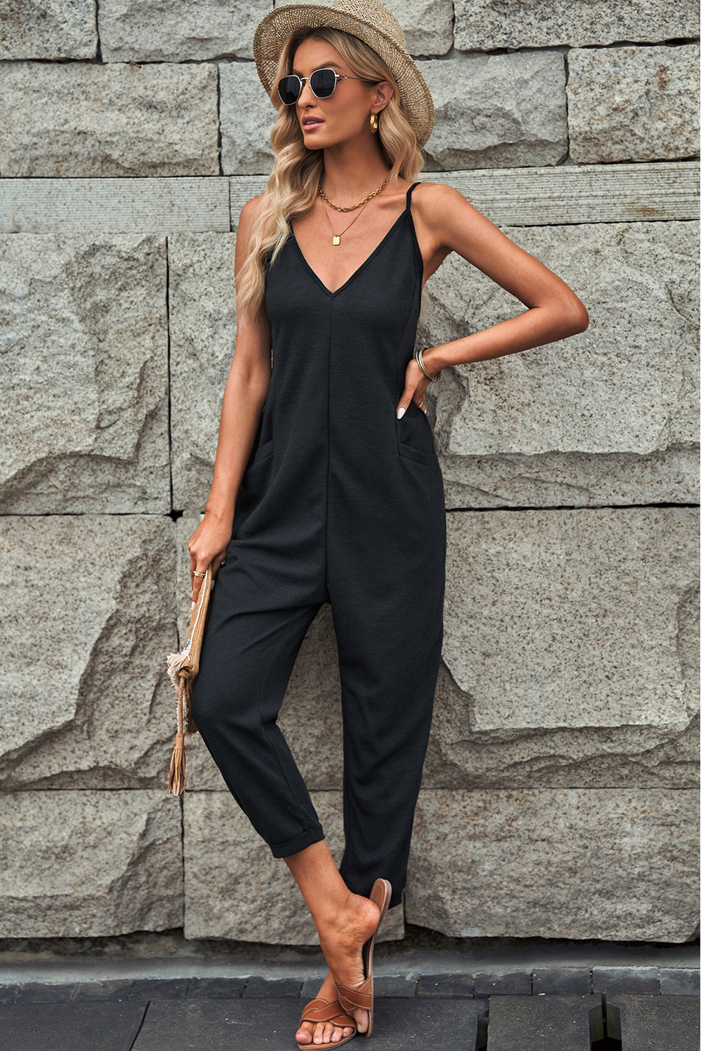 Blue Textured Sleeveless V-Neck Pocketed Casual Jumpsuit - LA Grand