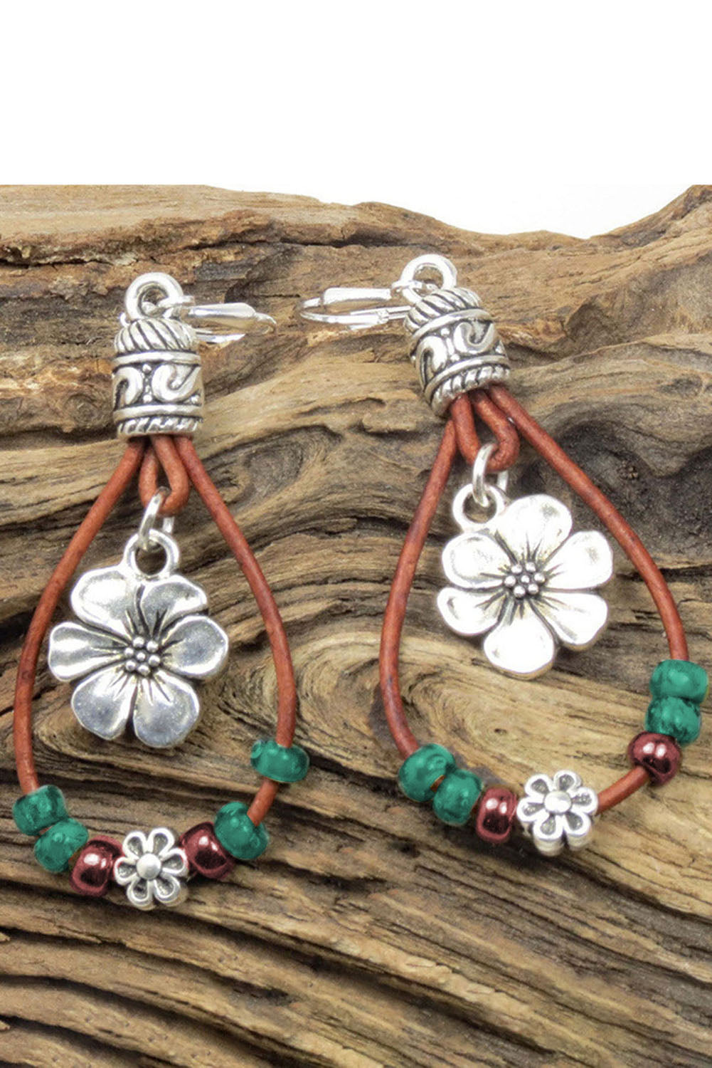 Silvery Western Leather Beaded Floral Dangle Earrings - LA Grand