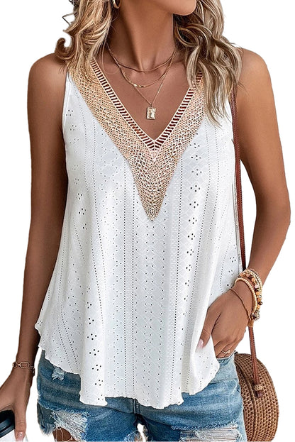 White Lace Crochet Splicing V Neck Loose Fit Tank Top - LA Grand