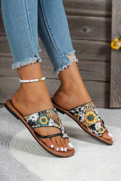 Multicolor Boho Sunflower Print Flat Flip Flops - LA Grand