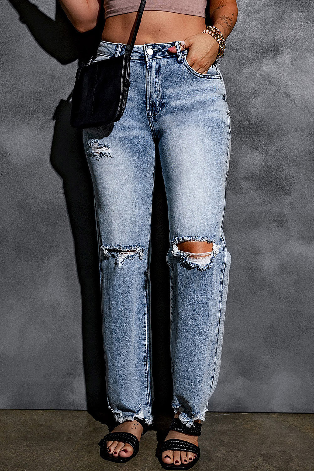 Sky Blue Washed Ripped Wide Leg High Waist Jeans - LA Grand