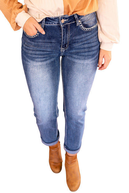 Sky Blue Embroidered Cow Straight Leg Jeans - LA Grand