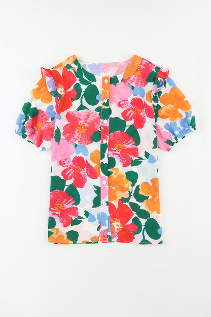 Multicolor Floral Print Ruffle Trim Puff Sleeve Shirt - LA Grand