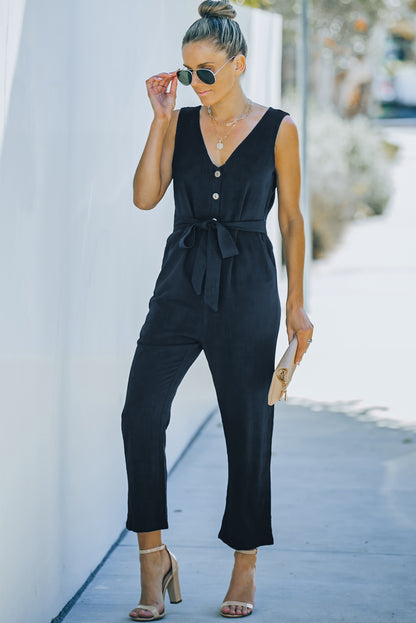 Black V Neck Button Belted Jumpsuit with Pockets - LA Grand