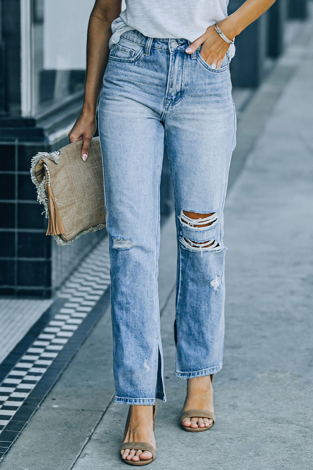 Sky Blue Side Splits Ripped Straight Leg High Waist Jeans - LA Grand