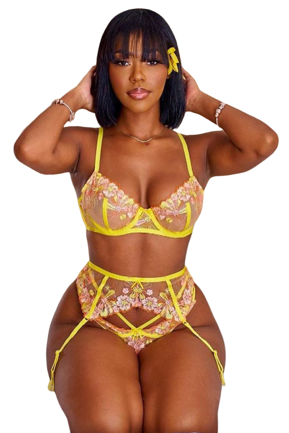 Yellow Floral Embroidered Strappy Three Pieces Lingerie Set - LA Grand